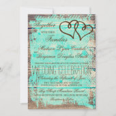 Rustic Double Hearts Aqua Wood Wedding Invites Kaart (Voorkant)
