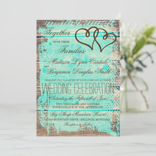 Rustic Double Hearts Aqua Wood Wedding Invites Kaart (Staand voorkant)