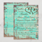 Rustic Double Hearts Aqua Wood Wedding Invites Kaart (Voorkant / Achterkant)