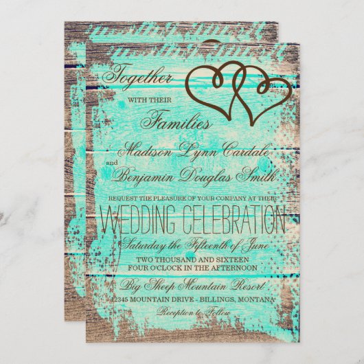 Rustic Double Hearts Aqua Wood Wedding Invites Kaart (Voorkant / Achterkant)