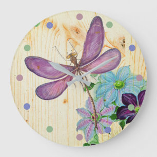 Rustic Dragonfly Purple Flowers Blue Wood Shabby Grote Klok