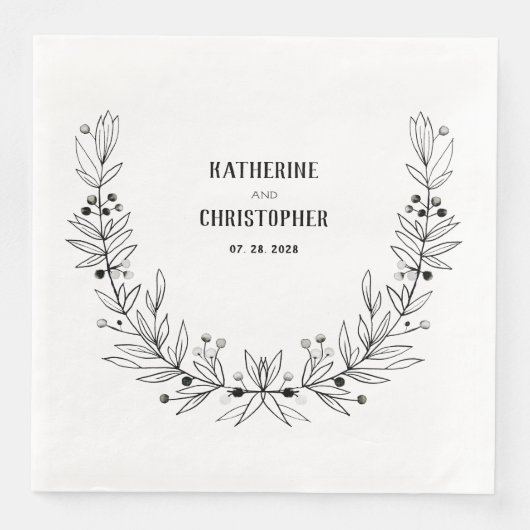 Rustic Drawn Stem Leaf Berries Wreath Crest Servet (Voorkant)
