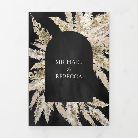 Rustic Dried Boho Pampas Grass Black Arch Wedding Drieluik Uitnodiging (Cover)