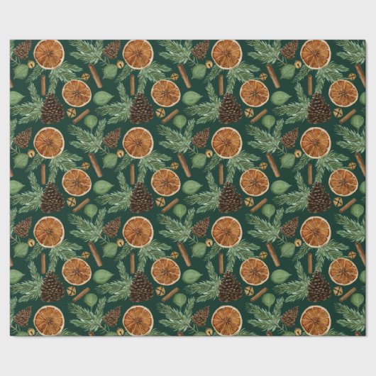 Rustic Dried Orange Pine Green Christmas Holiday Cadeaupapier (Zoom)