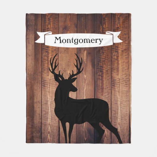 Rustic Drk Wood Black Buck Deer Ribbon Familienaam Fleece Deken (Voorkant)