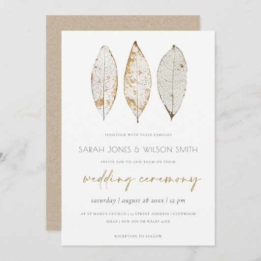 Rustic Dry Vein Gold Rust Leaves Wedding Invite Bedankkaart (Voorkant / Achterkant)