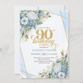 Rustic Dusty Blue 90th Birthday Floral Script   Kaart (Voorkant)