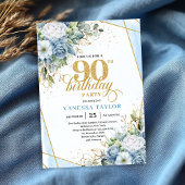 Rustic Dusty Blue 90th Birthday Floral Script Kaart