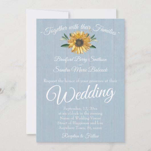 Rustic Dusty Blue Barn Wood, Sunflower Wedding Inv Kaart (Voorkant)