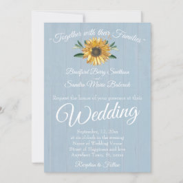 Rustic Dusty Blue Barn Wood, Sunflower Wedding Inv Kaart