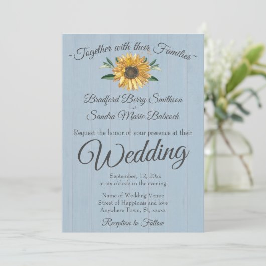 Rustic Dusty Blue Barn Wood, Sunflower Wedding Inv Kaart (Staand voorkant)