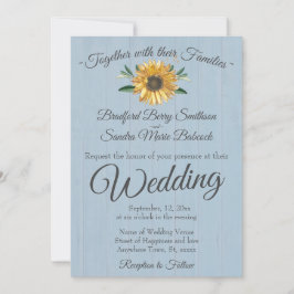 Rustic Dusty Blue Barn Wood, Sunflower Wedding Inv Kaart