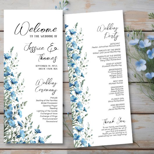 Rustic Dusty Blue Boho Chic Wildflowers Wedding Programmakaart