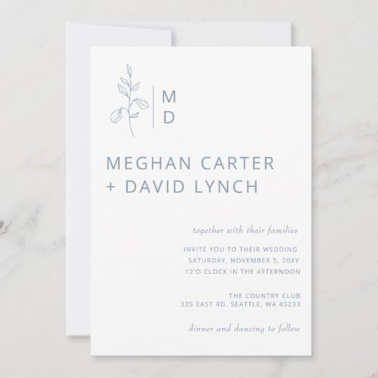 Rustic Dusty Blue Botanical Monogram Wedding Invi Kaart (Voorkant)