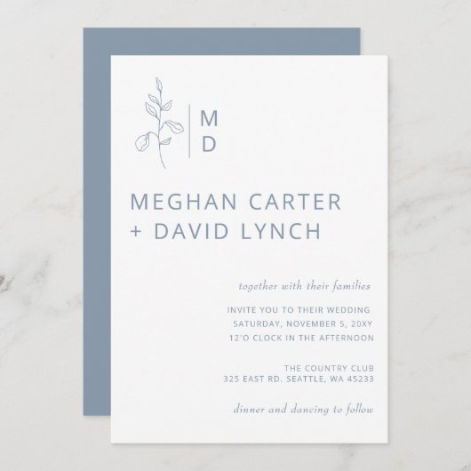 Rustic Dusty Blue Botanical Monogram Wedding Invi Kaart (Voorkant / Achterkant)