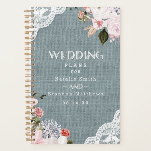 Rustic Dusty Blue Burlap Lace en Floral Wedding Planner (Voorkant)