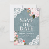 Rustic Dusty Blue Burlap Lace en Floral Wedding Save The Date (Voorkant)