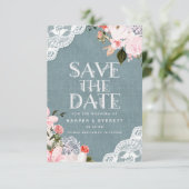 Rustic Dusty Blue Burlap Lace en Floral Wedding Save The Date (Staand voorkant)