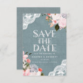 Rustic Dusty Blue Burlap Lace en Floral Wedding Save The Date (Voorkant / Achterkant)