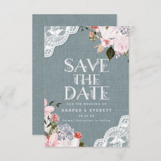 Rustic Dusty Blue Burlap Lace en Floral Wedding Save The Date (Voorkant / Achterkant)