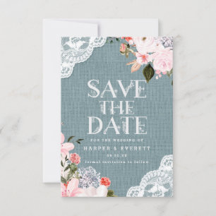 Rustic Dusty Blue Burlap Lace en Floral Wedding Save The Date