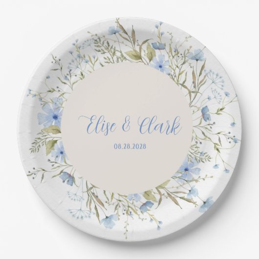 Rustic Dusty Blue Delicate Wildflower Wedding Papieren Bordje (Voorkant)