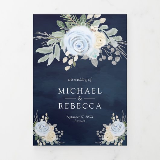 Rustic Dusty Blue en Ivory Floral Navy Wedding Drieluik Uitnodiging (Cover)