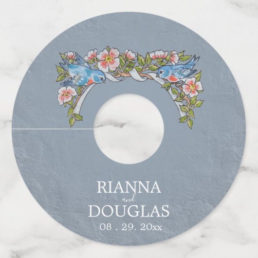 Rustic Dusty Blue Floral Bird Wedding Wijnglaslabel (Voorkant)