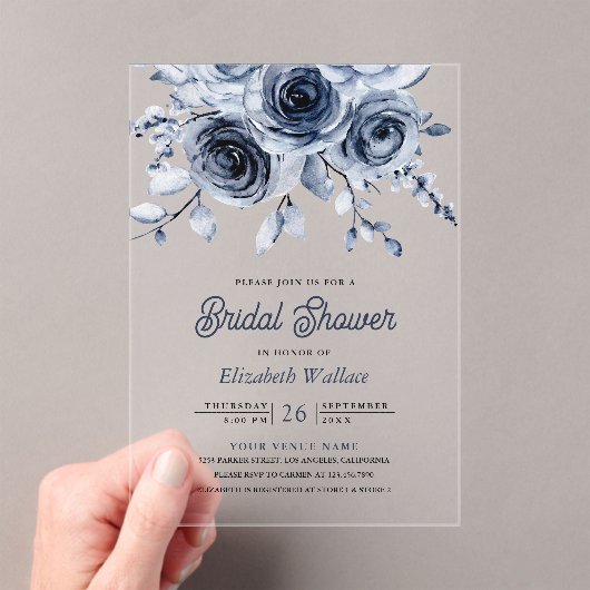 Rustic Dusty Blue Floral Bridal Shower Acryl Uitnodigingen (Insitu (Draagbaar))