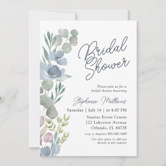 Rustic Dusty Blue Floral Bridal Shower Invitation Kaart (Voorkant)