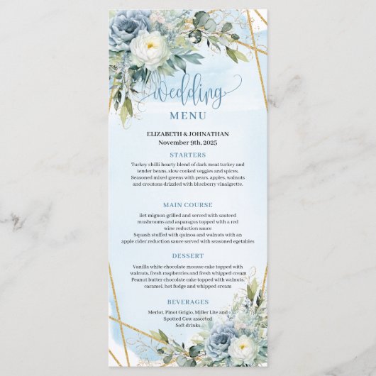 Rustic Dusty Blue Floral Gold Glitter Wedding Menu (Voorkant)