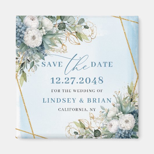 Rustic Dusty Blue Floral Gold Save The Date Magnet (Voorkant)