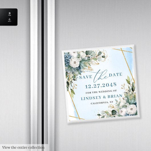 Rustic Dusty Blue Floral Gold Save The Date Magnet