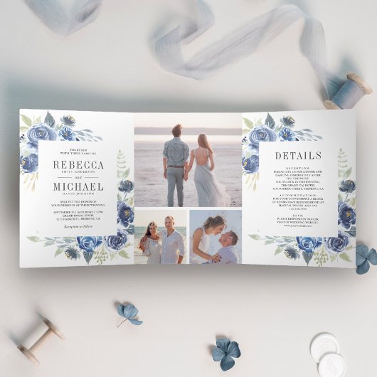 Rustic Dusty Blue Floral Photo Collage Wedding Drieluik Uitnodiging