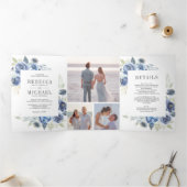 Rustic Dusty Blue Floral Photo Collage Wedding Drieluik Uitnodiging (Binnen)