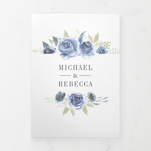 Rustic Dusty Blue Floral Photo Collage Wedding Drieluik Uitnodiging (Cover)