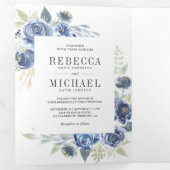 Rustic Dusty Blue Floral Photo Collage Wedding Drieluik Uitnodiging (Binnenzijde eerst)