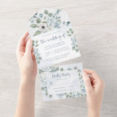Rustic Dusty Blue Floral | Waterverf bruiloft All In One Uitnodiging (Afscheurbaar)