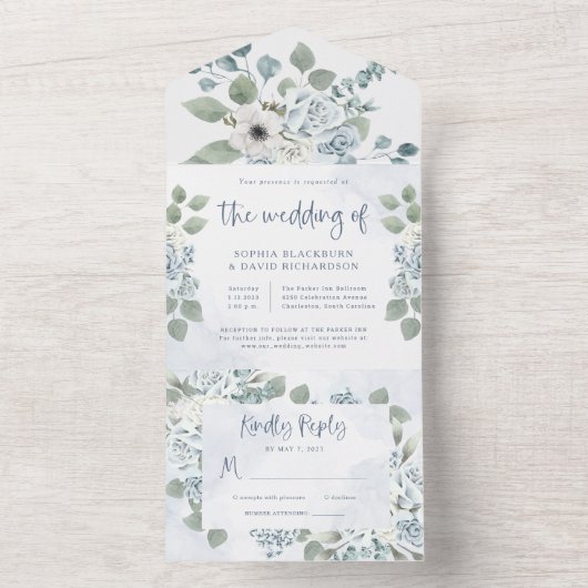 Rustic Dusty Blue Floral | Waterverf bruiloft All In One Uitnodiging (Binnen)