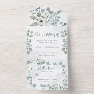 Rustic Dusty Blue Floral Waterverf bruiloft All In One Uitnodiging