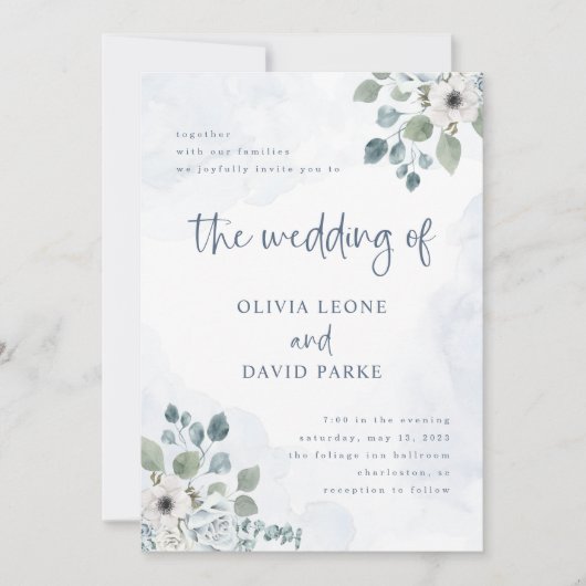 Rustic Dusty Blue Floral | Waterverf bruiloft Kaart (Voorkant)