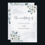 Rustic Dusty Blue Floral | Waterverf bruiloft Kaart<br><div class="desc">Deze prachtige en romantische trouwuitnodigingen zijn voorzien van trendy waterverf stijl en elegante blauwe kalligrafie. Rustige bohemiene bouquets van zacht stoffig blauw en witte bloemen en groene eucalyptusbotanische bladeren versieren de hoeken,  met bijpassende subtiele blauwe waterverven op een witte achtergrond.</div>