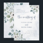 Rustic Dusty Blue Floral | Waterverf bruiloft Kaart<br><div class="desc">Deze prachtige en romantische trouwuitnodigingen zijn voorzien van trendy waterverf stijl en elegante blauwe kalligrafie. Rustige bohemiene bouquets van zacht stoffig blauw en witte bloemen en groene eucalyptusbotanische bladeren versieren de hoeken,  met bijpassende subtiele blauwe waterverven op een witte achtergrond.</div>