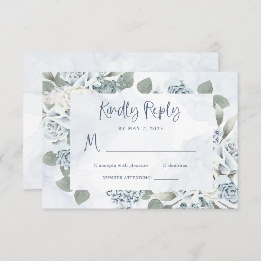 Rustic Dusty Blue Floral | Waterverf bruiloft RSVP Kaartje (Voorkant / Achterkant)