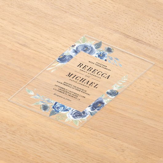 Rustic Dusty Blue Floral Wedding Acryl Uitnodigingen (Laagn)