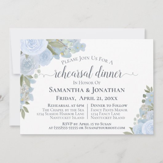 Rustic Dusty Blue Floral Wedding Rehearsal Dinner Kaart (Voorkant)