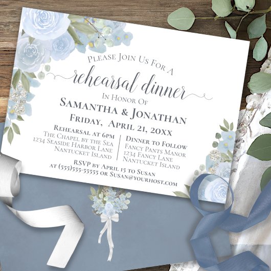 Rustic Dusty Blue Floral Wedding Rehearsal Dinner Kaart