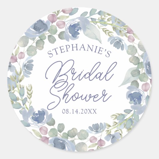 Rustic Dusty Blue Floral Wreath Bridal Shower Ronde Sticker (Voorkant)