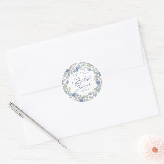 Rustic Dusty Blue Floral Wreath Bridal Shower Ronde Sticker (Envelop)