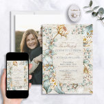 Rustic Dusty Blue & Gold Floral Greenery Foto Kaart<br><div class="desc">Moderne en trendy, deze prachtige rustige trouwuitnodiging is voorzien van een faux-berkenachtergrond, met een prachtig stoffig blauw waterverf lijst met goud- en roomfloralen. De achterkant van de kaart kenmerkt uw favoriete foto van het verloving van de verticale richtlijn. Perfect voor achtertuin bruiloften, landbruiloften of rustige bruiloften. De ontwerper van het...</div>